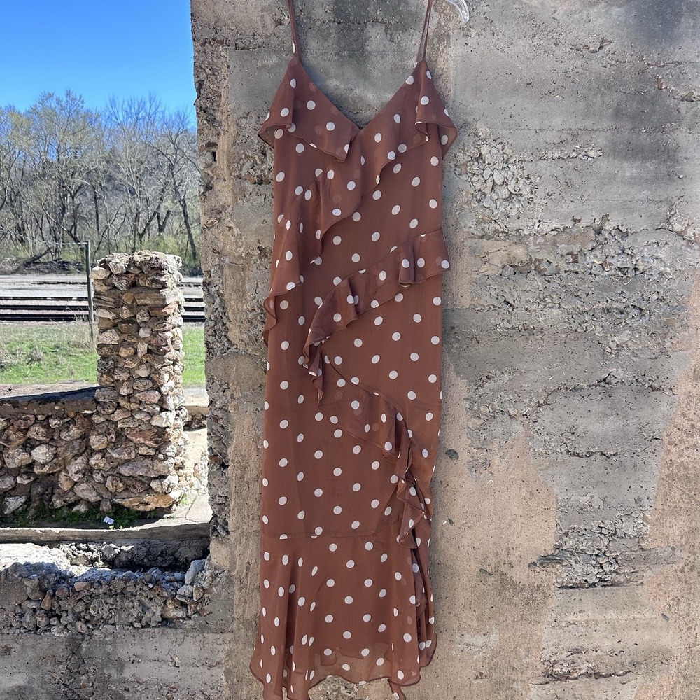 The Workshop‎ L Dark Brown/Tan Polka dots Sleveless Open Back Ruffle Detail